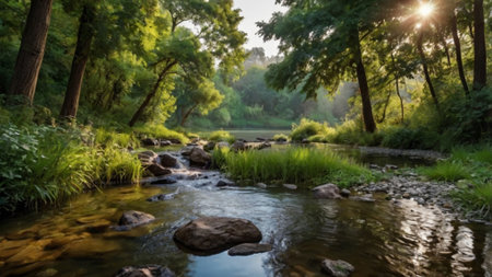 Beautiful summer landscape with river and green trees in the forest.
