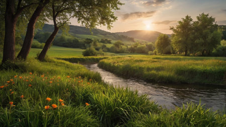 Beautiful summer landscape with a small river and orange flowers in the foregroundの写真素材