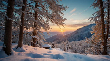 Winter landscape with snow covered trees and sunset in Carpathian mountainsの写真素材