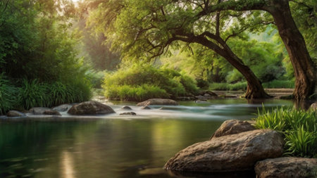 Beautiful river flowing through the green forest in the morning light.の写真素材