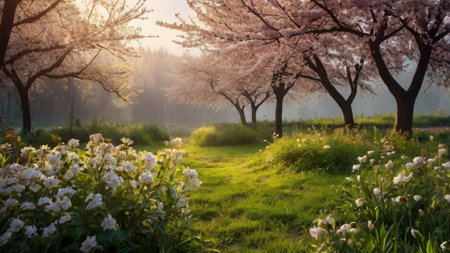 Cherry blossoms in the park in spring. Beautiful spring landscape.