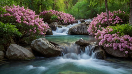 beautiful waterfall in the forest with pink rhododendron flowersの写真素材
