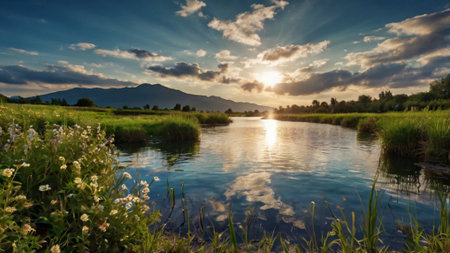Sunset over a small river with mountains in the background in summerの写真素材