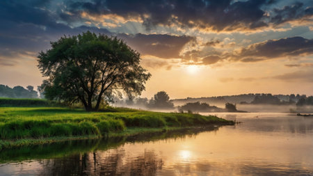 Sunrise over the river with a tree in the foreground and a cloudy skyの写真素材