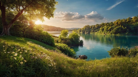 Beautiful summer landscape with lake and forest on the shore at sunsetの写真素材