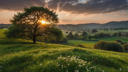 Sunset over a green meadow with a tree in the foregroundの写真素材