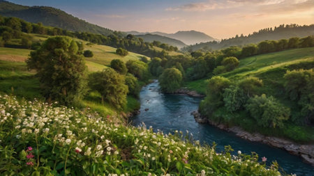 Beautiful landscape with a mountain river in the Carpathian Mountainsの写真素材