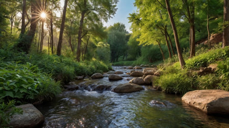 Beautiful landscape with a river flowing through the green forest on a sunny dayの写真素材