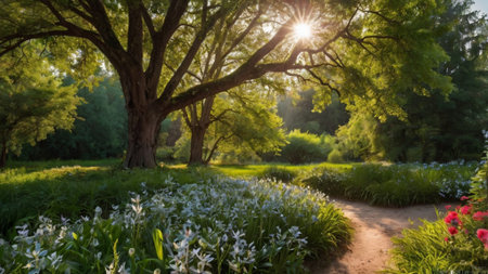 Beautiful spring landscape in the park with blooming lily flowersの写真素材