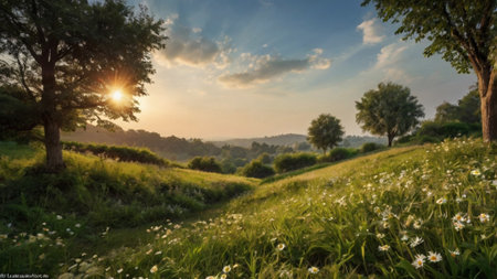 Panorama of beautiful sunrise over the meadow with daisiesの写真素材