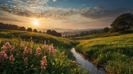 Sunset over a meadow with pink flowers and a small streamの写真素材