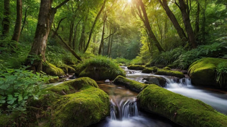 Long exposure of a stream flowing through a green forest with mossy rocksの写真素材