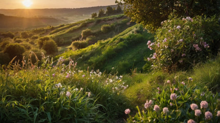 Sunset over the meadow. Beautiful summer landscape in the countryside.の写真素材