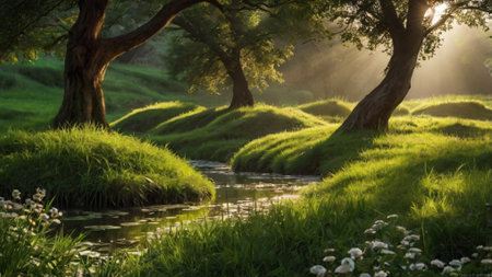 Sunrise over a small river in a lush green meadow.の写真素材