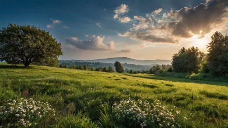 Panoramic view of meadow and trees in the morning light