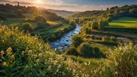 Panoramic view of a river in the countryside at sunset.の写真素材
