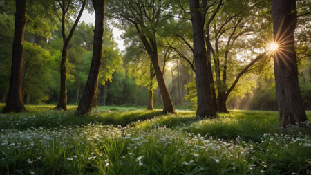 Sunset in the spring forest with blooming flowers and green grassの写真素材