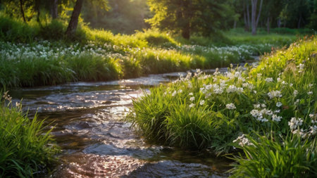 Beautiful summer landscape with a small river in the forest at sunset