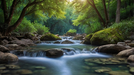 Mountain river flowing through the forest. Nature background. Long exposure