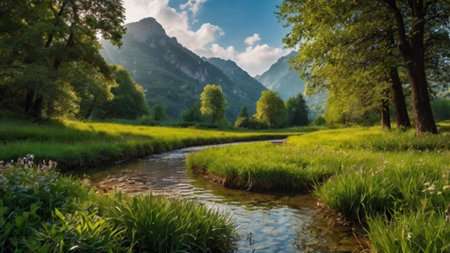 Beautiful summer landscape with a small river and green meadows.