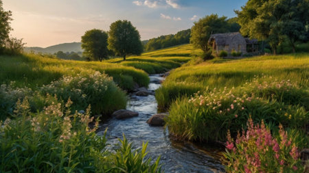 Rural landscape with a small river in the middle of the meadowの写真素材