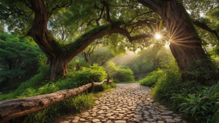 Pathway through the forest with sunbeams shining through the trees