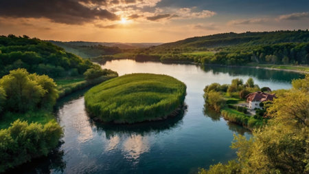 Aerial view of beautiful landscape with river and village at sunset.の写真素材