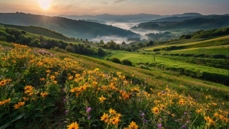Panoramic view of foggy valley with sunflowers at sunrise.