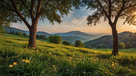 Sunset in the mountains. Panoramic view of a meadow with yellow flowers.の写真素材