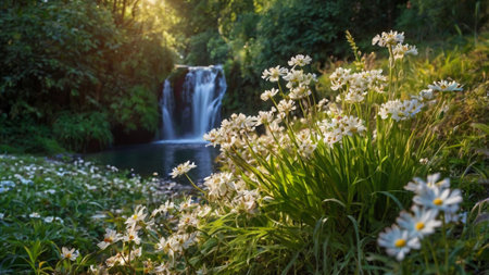 White flowers and a waterfall in the background. Beautiful summer landscape.