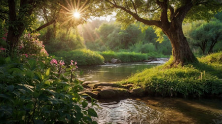 Beautiful summer landscape with a river in the forest and sun rays