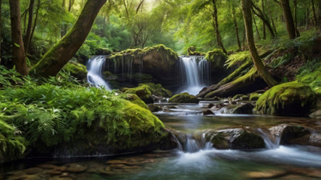 Beautiful waterfall in the green forest, long exposure, panoramaの写真素材