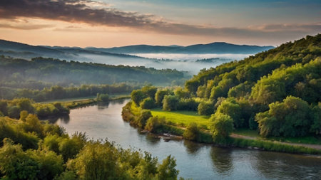 Beautiful summer landscape with river and fog in the mountains. Panorama