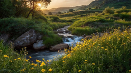 sunset over a mountain river with yellow wildflowers in summer