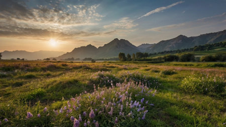 Sunset over the meadow in the mountains. Panoramic image.の写真素材