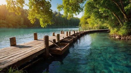 Wooden pier on Plitvice Lakes National Park in Croatia.の写真素材