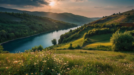 beautiful summer landscape with river and mountains on the background. Ukraine, Europeの写真素材