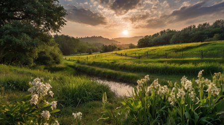 Sunset over the meadow with white lilies in the foregroundの写真素材
