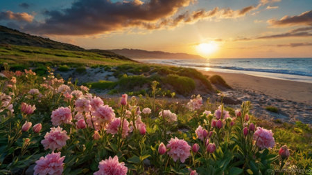 Sunset on the beach with blooming pink peonies in the foregroundの写真素材