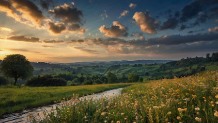 Sunset over a river flowing through the countryside in the summer.の写真素材