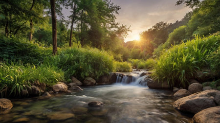 Waterfall in the forest at sunset. Panoramic image.
