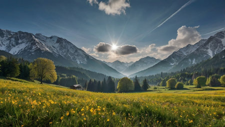 Panoramic view of alpine meadow with flowers and mountains in backgroundの写真素材