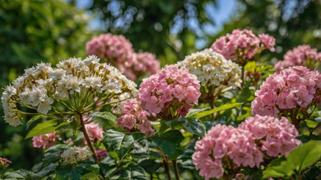 Pink and white Hydrangea macrophylla flowers in the garden