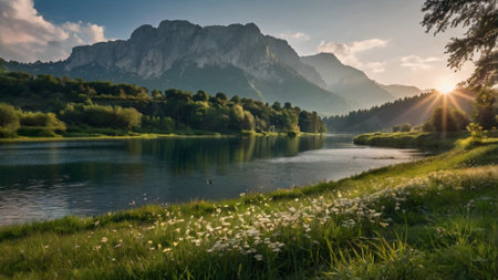 Panoramic view of the lake with dandelions and mountains in the backgroundの写真素材