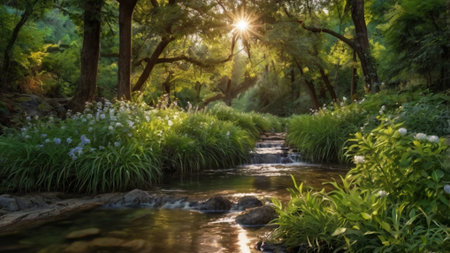 Beautiful summer landscape with a small river in the middle of the forestの写真素材