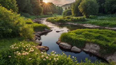 Beautiful summer landscape with small river and green meadow in sunset