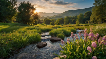 Beautiful sunset over the mountain river in the summer. Landscape with a river in the mountains.の写真素材