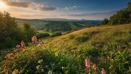 Beautiful panoramic view of hills and meadows at sunset
