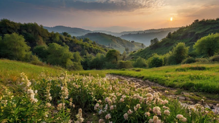 Beautiful mountain landscape with meadows and wildflowers at sunset