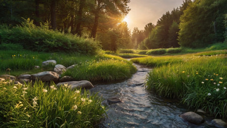 Beautiful summer landscape with a small river in the forest at sunsetの写真素材